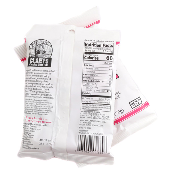 Claeys Hard Candy Drops, assorted yellow lemon, red cherry, pink watermelon, green apple fruit flavors, 6oz bag.