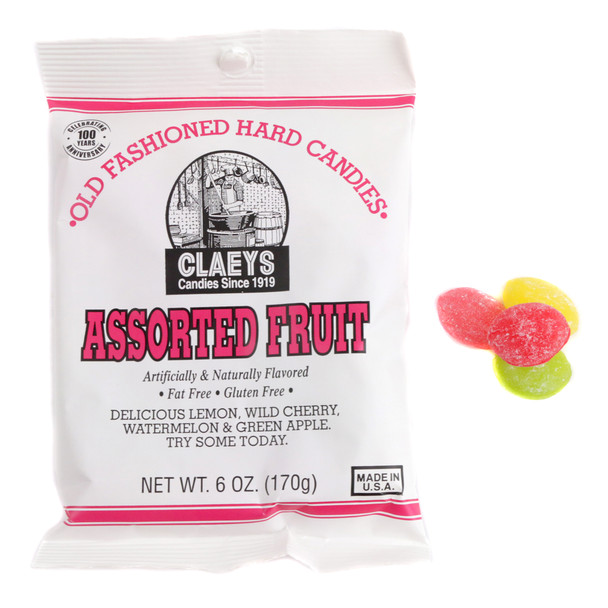 Claeys Assorted Fruit Hard Candy Drops, 6oz bag, showing yellow, red, pink, and green candies.