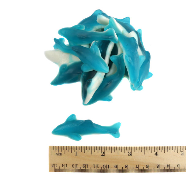 Vibrant blue Herberts Best gummy sharks, approx 60 per pound, each 2 3/4 inches long.