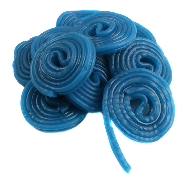 Vibrant blue raspberry licorice wheels, 4.4LB bag. Tangy-sweet candy, approx. 198 blue wheels for parties.