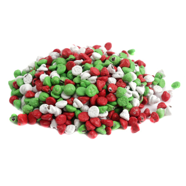 Red, white, and green candy coated chocolate chips. Crunchy mini chocolate chips, perfect for Christmas dessert toppings.