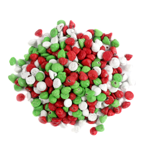 Red White Green candy coated mini chocolate chips, crunchy, festive Christmas baking & dessert toppings.