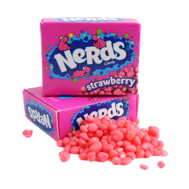 Bright pink Nerds Mini Boxes Strawberry, tiny tangy crunchy candy, sweet strawberry flavor, bulk wrapped.