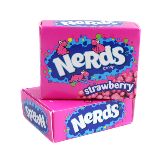 Bright pink Nerds Mini Boxes Strawberry candy, tiny tangy crunchy, many bulk wrapped boxes.