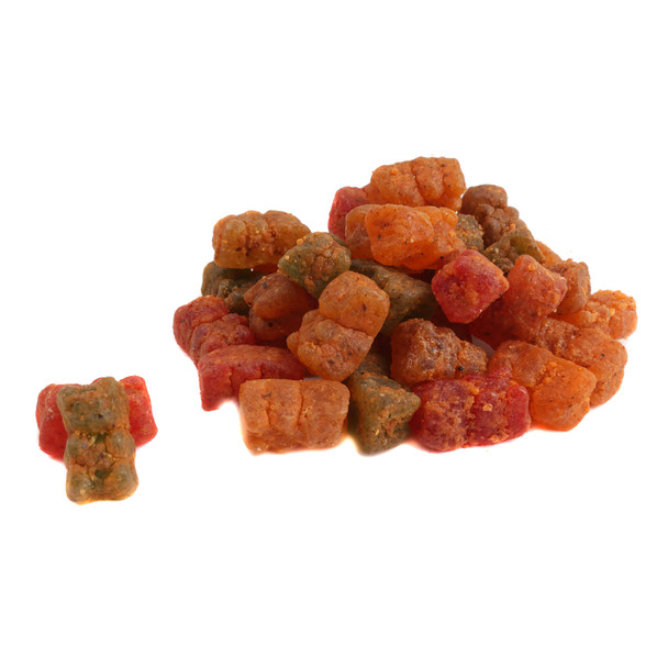 Assorted Revolcado Gummy Bears coated in vibrant red chamoy and chili powder, spicy Mexican fruit candy.
