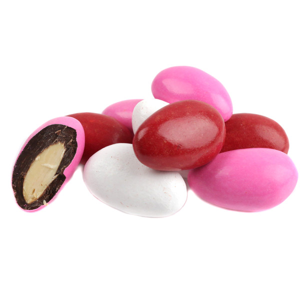 Valentine Dark Chocolate Covered Almonds, vibrant red, white, pink candy coating. Crunchy premium dark chocolate, approx 100 per pound.