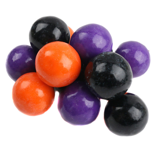 Clever Candy Halloween Gumballs, orange, purple, black. Approximately 60 gumballs per pound, 1 inch diameter.