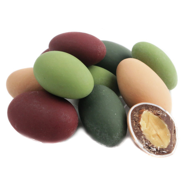 Sconza Rustic Fall Milk Chocolate Almonds, vibrant red, green, yellow candy shells, approximately 80 pieces/lb.