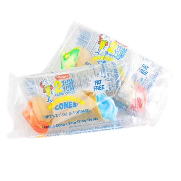 Marpro Yum Yum old fashioned marshmallow ice cream cones, pastel white & tan, 48 count bulk candy.