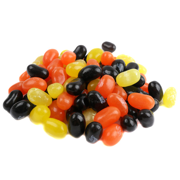 Jelly Belly Halloween Mix Jelly Beans, orange, yellow, black. Approx 400 per pound, orange crush, lemon drop, black licorice flavors.