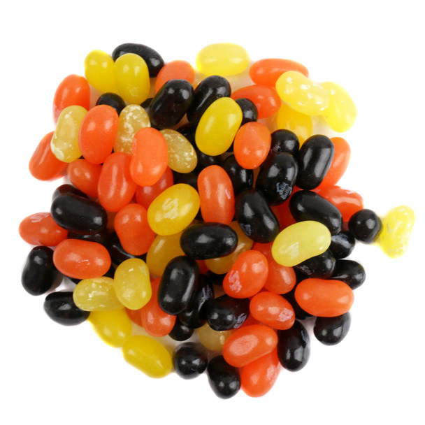 Jelly Belly Halloween Mix Jelly Beans, a 1lb bag of approx 400 orange, yellow, and black jelly beans for Halloween candy dishes.