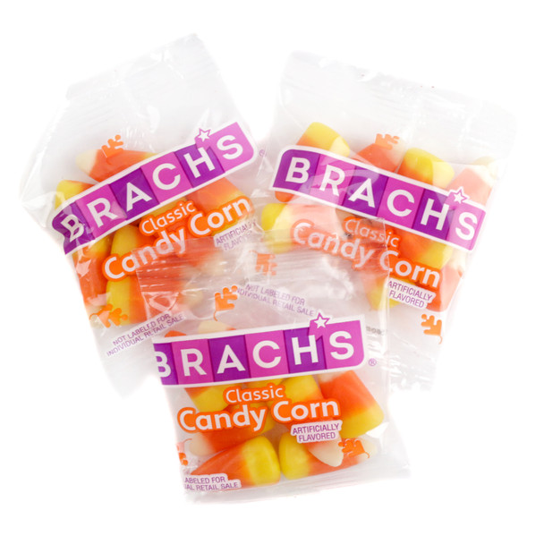 Brachs Candy Corn pouches, yellow, orange, white, individual 0.5oz packs, 32 per pound. Perfect Halloween treat.
