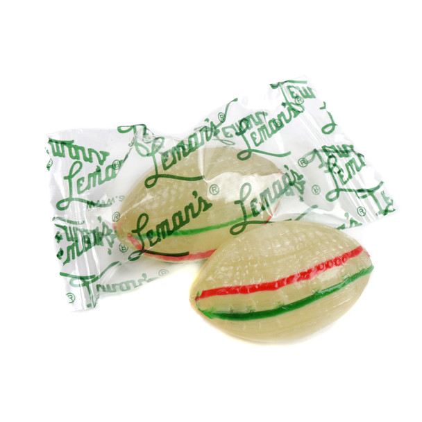 Individually wrapped Lemans Football Mints hard candy, 73 white peppermint pieces per pound, Atkinson, USA.