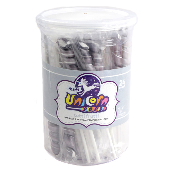 24 mini silver unicorn lollipops, each 6.25 inches long, ideal for unicorn candy buffets.