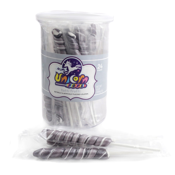 24 shimmering silver mini unicorn lollipops, Adams Brooks, 6-1/4 inch long, silver unicorn candy pops for parties.