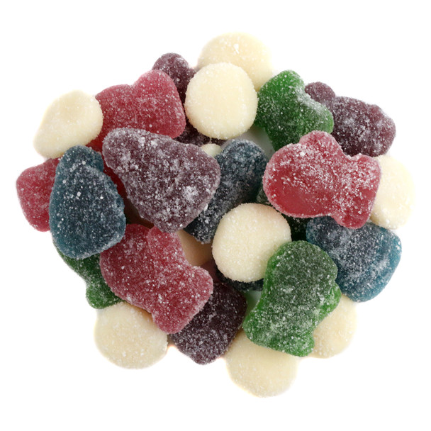 Assorted colorful sour Snow Day Gummies. Purple, red, blue, green, yellow winter shapes: snowballs, gloves, hats.