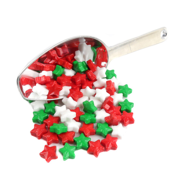 Bright red, white, green Christmas star candy, crunchy dextrose, approx 720 pieces, 1 pound.