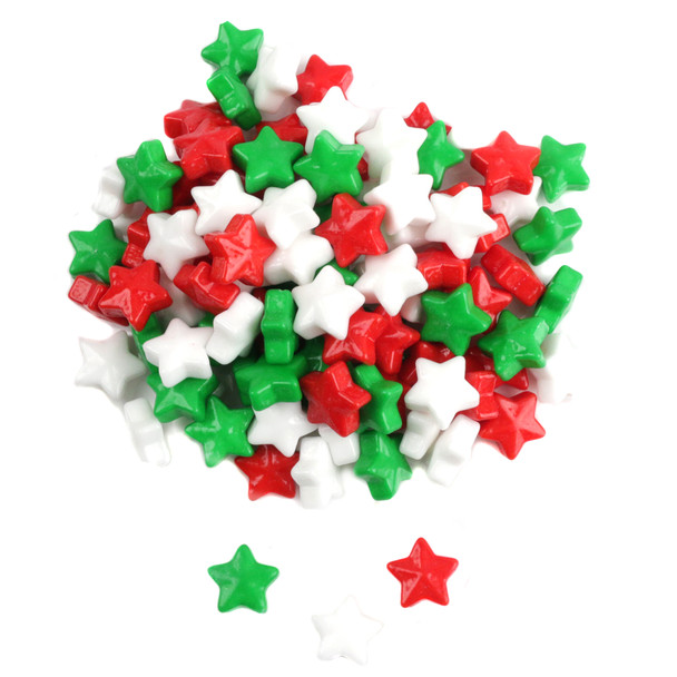 Red, White, Green Christmas star candies, crunchy, approx 720 pieces per pound.
