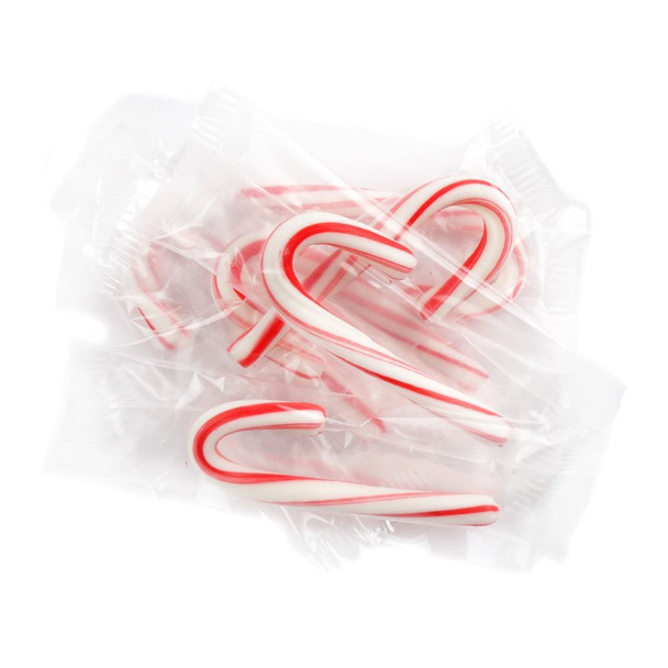 Brachs Mini Candy Canes, red and white striped, peppermint flavored. Approximately 110 pieces per pound, for Christmas.