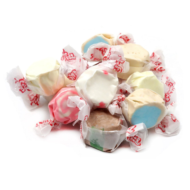 Taffy Town Winter Mix salt water taffy. 65+ individually wrapped pieces, eggnog, hot chocolate, peppermint, cinnamon swirl colors.