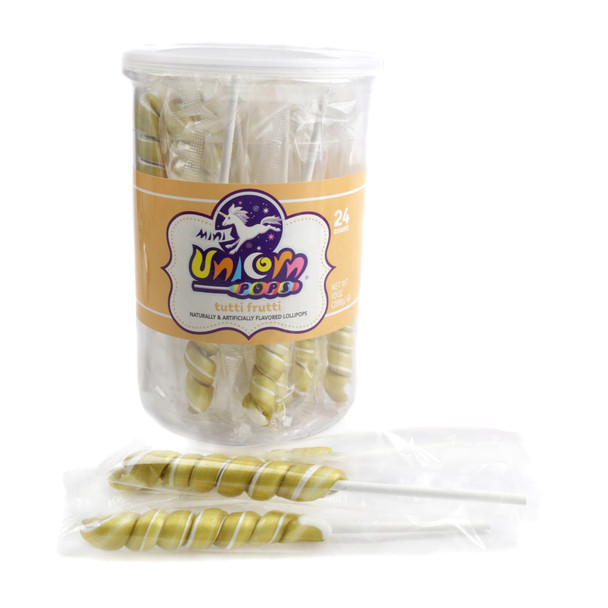 24 mini gold unicorn lollipops, individually wrapped. Alluring gold fruit-flavored candy for magical celebrations.