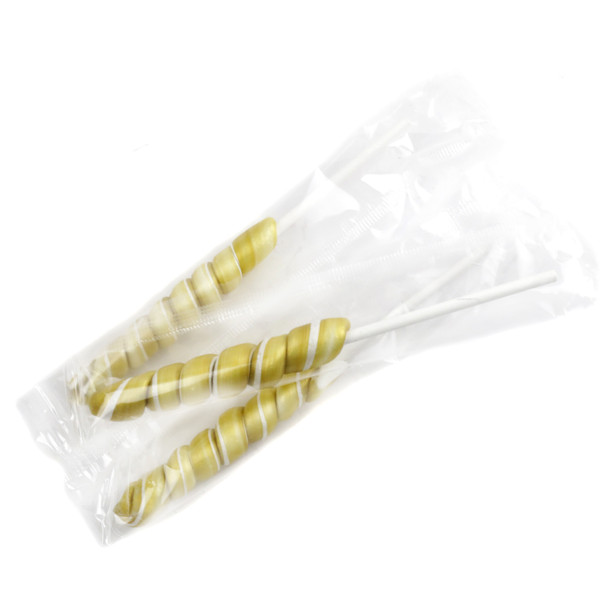 24 individually wrapped mini gold unicorn lollipops, whimsical fruit-flavored candy pops.