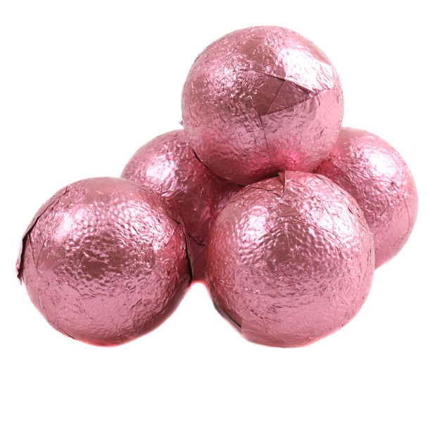 Palmer Pink Foil Double Chocolate Balls, bright pink wrapped bulk candy, approximately 35 pieces per pound.