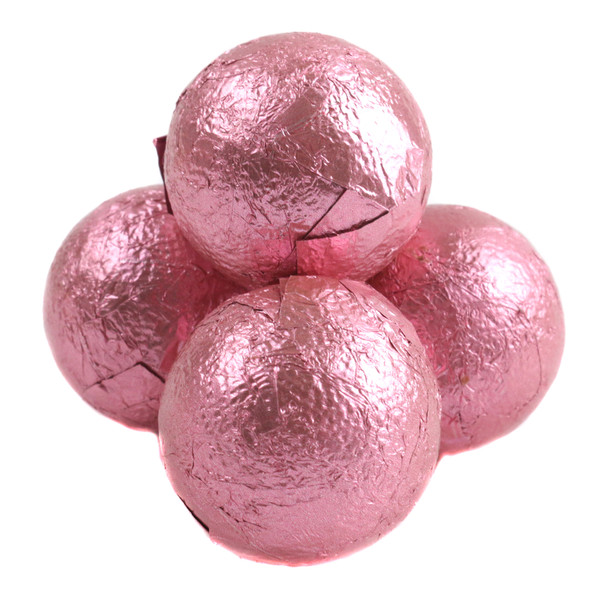 Bright pink foil Palmer Double Chocolate Balls, rich chocolate candy, approx 35 pieces per pound, perfect for baby showers.