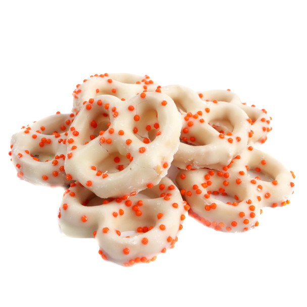 Hayden Valley Farms Fall Yogurt Pretzels, creamy white coating, vibrant orange nonpareils, approx 90 mini pretzels.