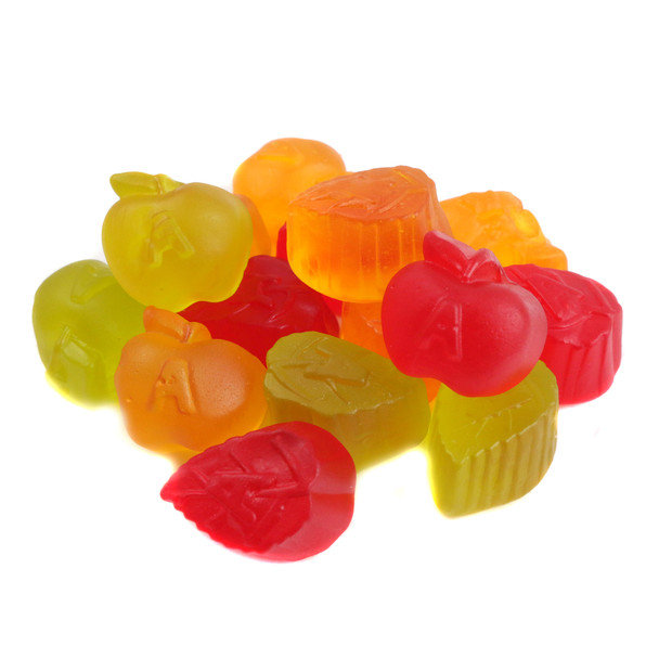 Albanese Apple Orchard Gummies, red and green apple shapes, chewy, delicious apple flavor, approx. 128 per pound.