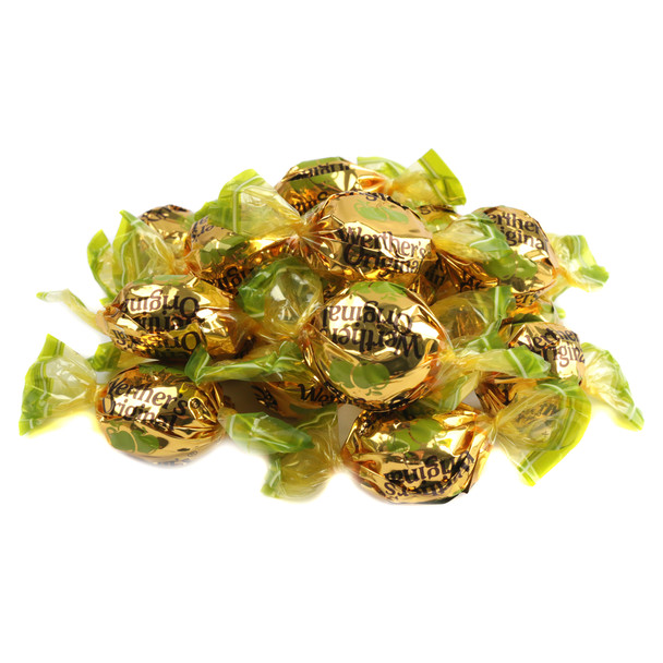 Werthers Original golden amber caramel apple filled hard candy, creamy, individually wrapped.