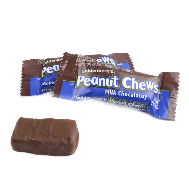 Goldenberg Peanut Chews, rich brown milk chocolate, chewy nuts, approx 50 mini candies per pound.