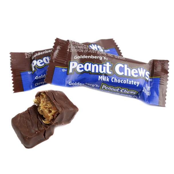 Goldenberg Peanut Chews, 50+ dark brown milk chocolate candies, chewy roasted peanuts.