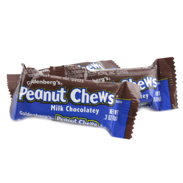Goldenberg Peanut Chews, 50 pieces, rich brown milk chocolate, visible roasted peanuts, chewy texture.
