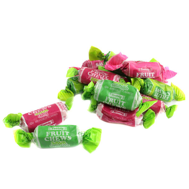 Tootsie Fruit Chews Holiday Cheer, approx. 65 red and green wrapped chewy candies per pound, festive Christmas candy.