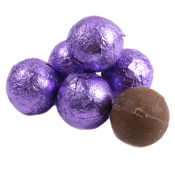 Purple foil wrapped double chocolate balls, creamy center, rich shell. Approx 35 pieces per pound.