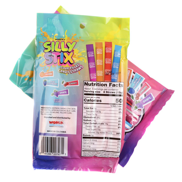 Silly Stix sour candy filled straws, 40 count, 2.75oz bag, assorted tropical punch, orange, cherry, grape flavors.