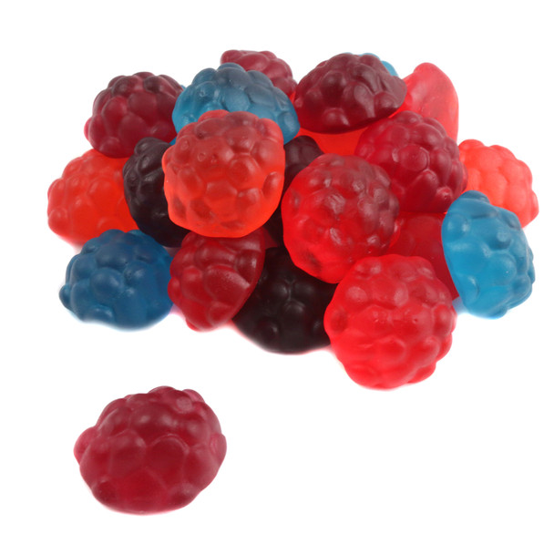 Albanese Gummy Mixed Berries, 110 pieces per pound. Colorful red, purple, blue fruit-flavored assortment.