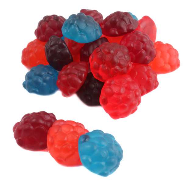Albanese Gummy Mixed Berries, assorted red, blue, purple fruit gummies, 110 pieces per pound.