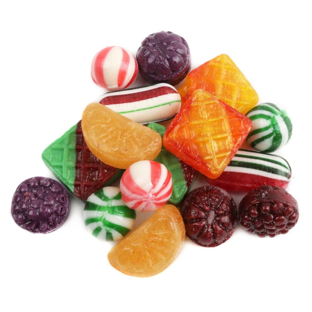 Old Fashioned Christmas hard candy mix, colorful unwrapped assortment of fruit, spice, peppermint flavors.