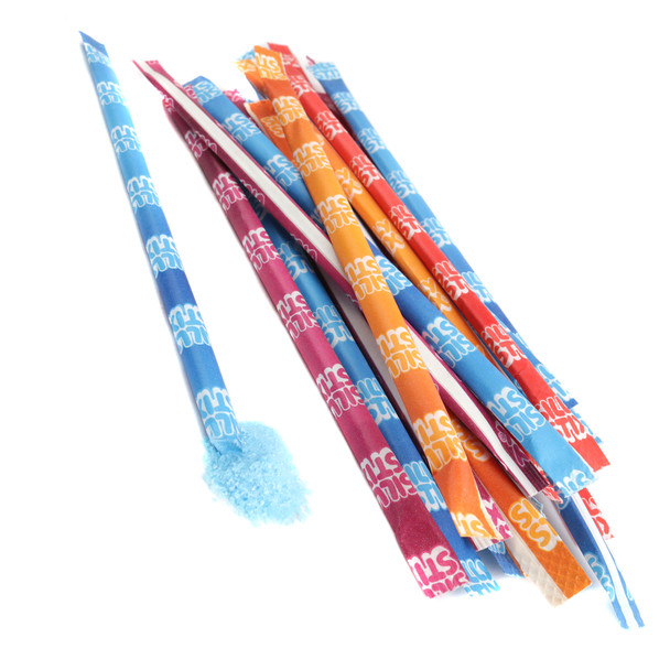 Bulk Silly Stix sour candy straws, approx 200 per pound. Assorted colorful tropical, orange, cherry, grape flavors.