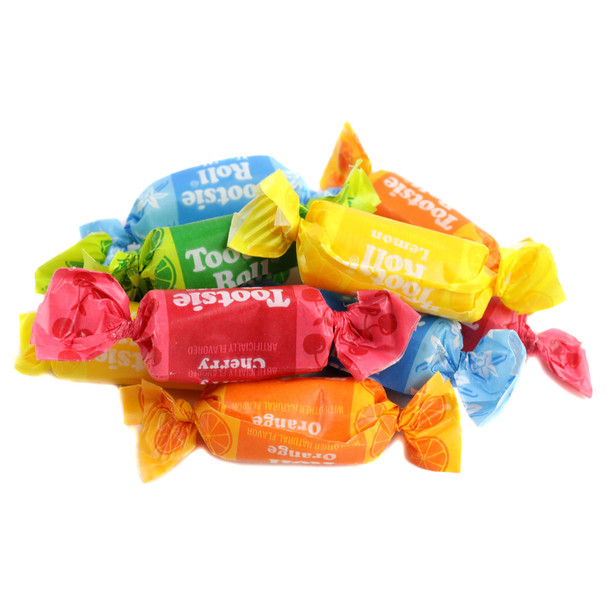Vibrant, assorted Flavored Tootsie Rolls in orange, vanilla, lemon, lime, cherry. Gluten-free, approx 65 chewy candies per pound.