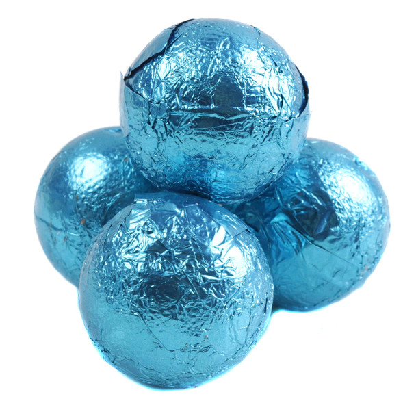 Light blue foil double chocolate balls, creamy milk chocolate, individually wrapped, approx 35 per pound.