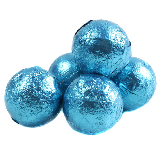 Light blue foil double chocolate balls, individually wrapped. Rich, creamy candy, approx 35 per pound.