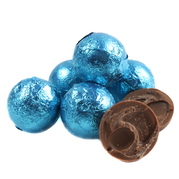 Light blue foil double chocolate balls, creamy, individually wrapped, approx 35 per pound.