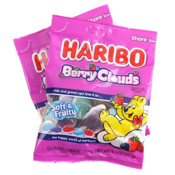 Haribo Gummy Berry Clouds, 4.1oz bag, 16 soft foam gummies. Assorted blue, purple, red berry flavors in cloud shapes.