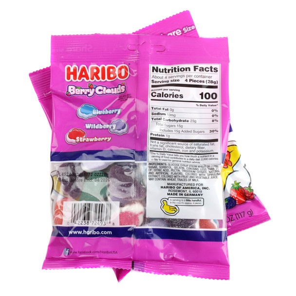 Haribo Gummy Berry Clouds, 4.1oz bag, 16 pieces. Soft, triple-layer foam gummies in purple, red, pink cloud shapes.