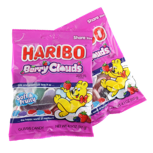 Haribo Gummy Berry Clouds, 4.1oz, 16 soft triple-layer blue, red, purple blueberry, wildberry, strawberry cloud gummies.