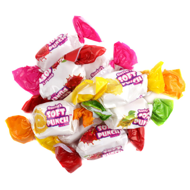Gustaf's Assorted Soft Punch Chews, vibrant rainbow colors, individually wrapped, fruity cherry, mango, orange, strawberry, apple, lemon flavors.