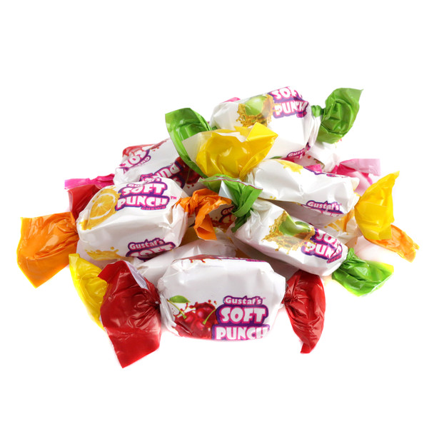 Gustaf's Assorted Soft Punch Chews, individually wrapped, rainbow colored, cherry, mango, orange, strawberry, apple, lemon.
